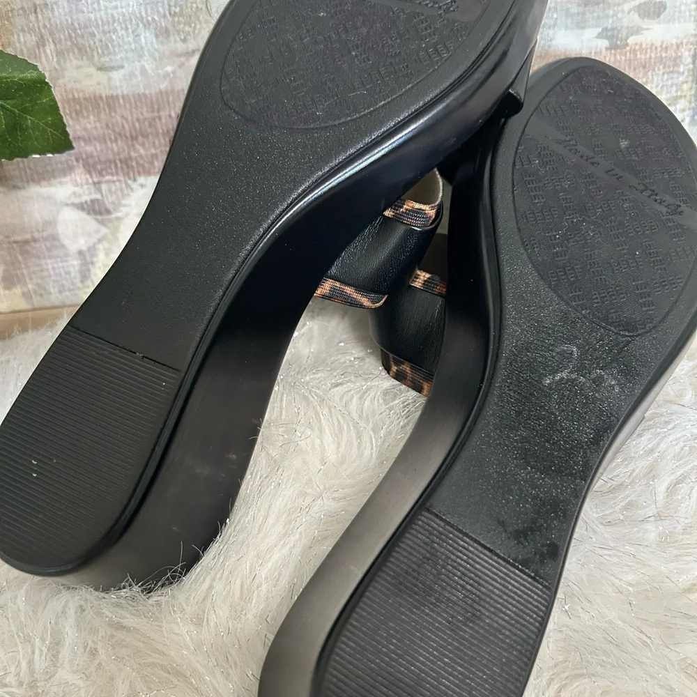 Black Leopard Trim Slide Sandals with Gold Accent